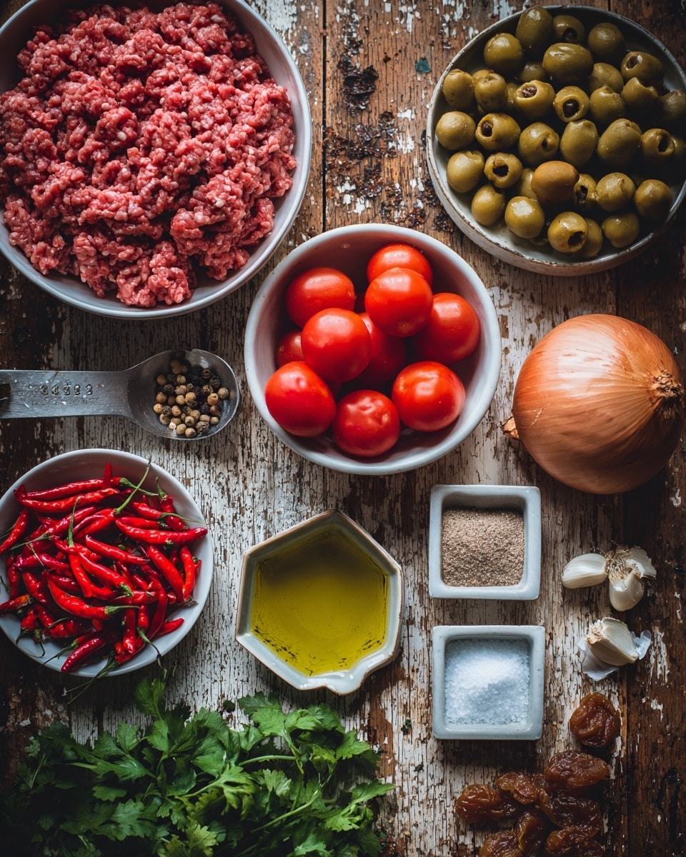 The image shows many cooking ingredients placed on a worn wooden surface. There is a white bowl with raw ground meat on the lower left side. Next to it are whole red tomatoes centered in the middle. A white bowl filled with bright red small chili peppers sits above the tomatoes. To the right, another white bowl contains green olives. A large round orange onion is near the olives on the top right. In the lower center part, there is a small white container with green olive oil, next to a white hexagonal container with ground spices. Below, small square glass containers hold salt and black pepper. Garlic cloves lie near these containers on the right. At the lower left corner, fresh green cilantro leaves and small dried fruits in a measuring spoon complete the scene. The background is changed to a white marbled texture. Photo taken with an iphone --ar 4:5 --v 7