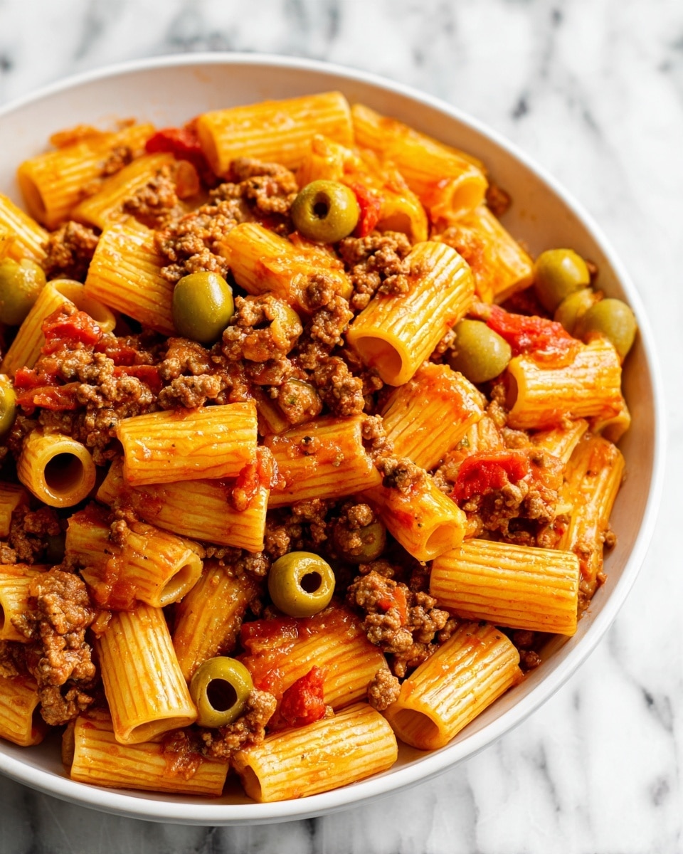 The image shows a close-up of a large white bowl filled with cooked rigatoni pasta mixed with ground meat and small chunks of tomato in a light reddish sauce. The rigatoni are short, ribbed, and hollow, creating a textured surface. The sauce lightly coats the pasta and meat, giving them a moist look. Some greenish olives are scattered throughout the dish adding contrast in color. The bowl is placed on a white marbled surface. photo taken with an iphone --ar 4:5 --v 7