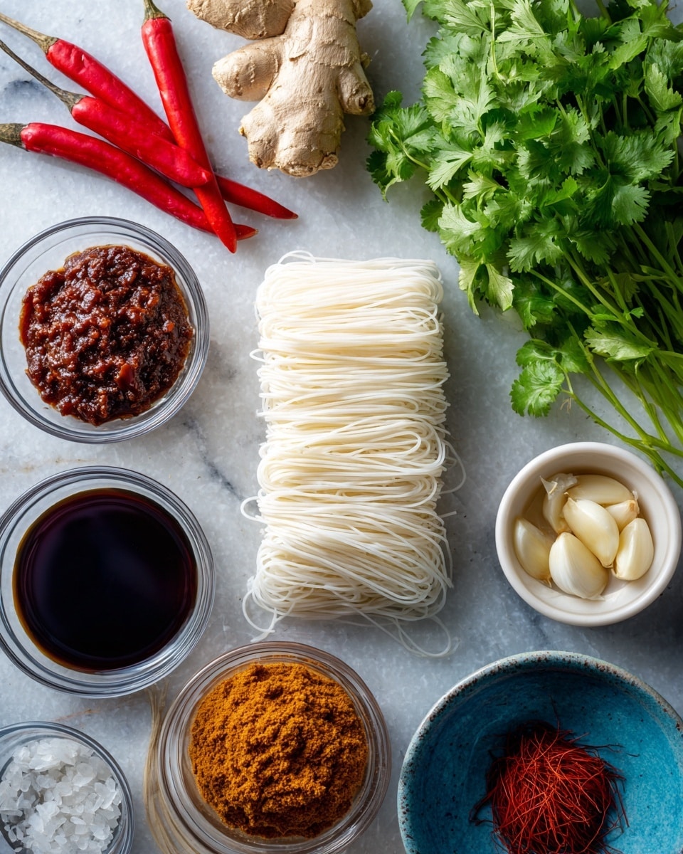 The image shows an overhead view of cooking ingredients neatly arranged on a white marbled surface. In the center, there is a small stack of white dry noodles placed horizontally, surrounded by small clear glass and white bowls holding various sauces and pastes in brown, red, and dark brown colors. To the upper left, two whole red chili peppers and a piece of fresh ginger root add natural textures and colors, while a bright green bunch of cilantro is positioned on the upper right. There's a small blue bowl with garlic cloves to the right and another blue bowl containing a thread-like reddish paste on the left side. The overall layout is clean and organized, showing a balanced color contrast between the natural ingredients and sauces, photo taken with an iphone --ar 4:5 --v 7
