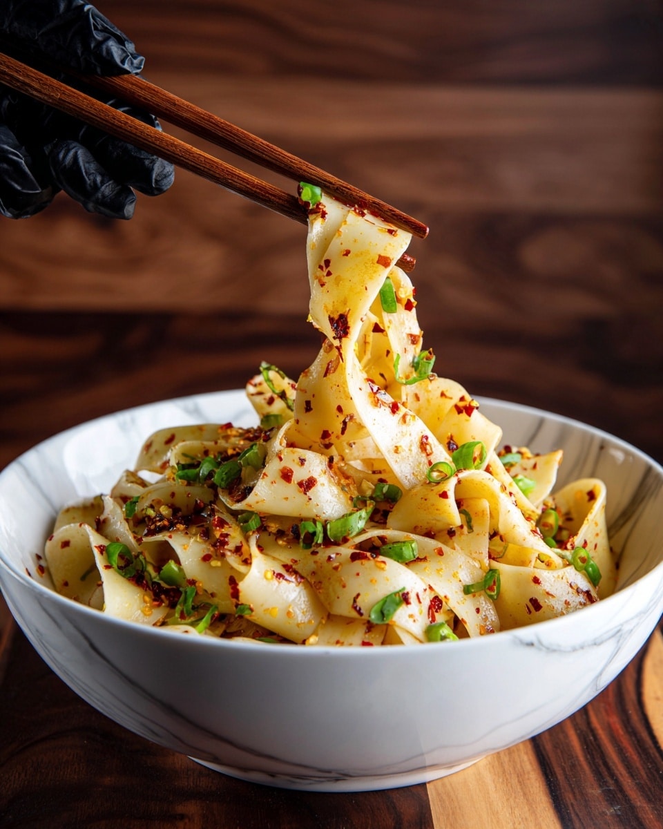 A white bowl filled with wide, flat noodles covered in red chili flakes and small bits of spices. Bright green scallion slices are mixed in and sprinkled on top, adding a fresh look. A woman's hand wearing a black glove holds wooden chopsticks lifting a bunch of noodles above the bowl, showing their soft texture and spice coating. The background is dark wood with the bowl sitting on a wooden surface replaced by a white marbled texture. photo taken with an iphone --ar 4:5 --v 7