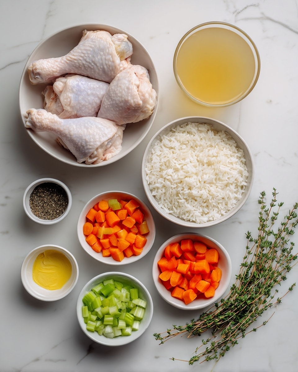The image shows a collection of raw cooking ingredients neatly arranged on a white marbled surface. There is a large white bowl with three raw chicken legs, a medium white bowl filled with white rice, and smaller white bowls containing chopped carrots, chopped celery, chopped onions, minced garlic, yellow mustard, a light yellow liquid, and dark green dried herbs. A small dish of salt and pepper, a dark liquid in a small white bowl, and a bundle of fresh thyme sprigs complete the set. A tall transparent container holds a yellowish broth-like liquid. All ingredients are displayed cleanly and clearly in separate bowls. Photo taken with an iphone --ar 4:5 --v 7