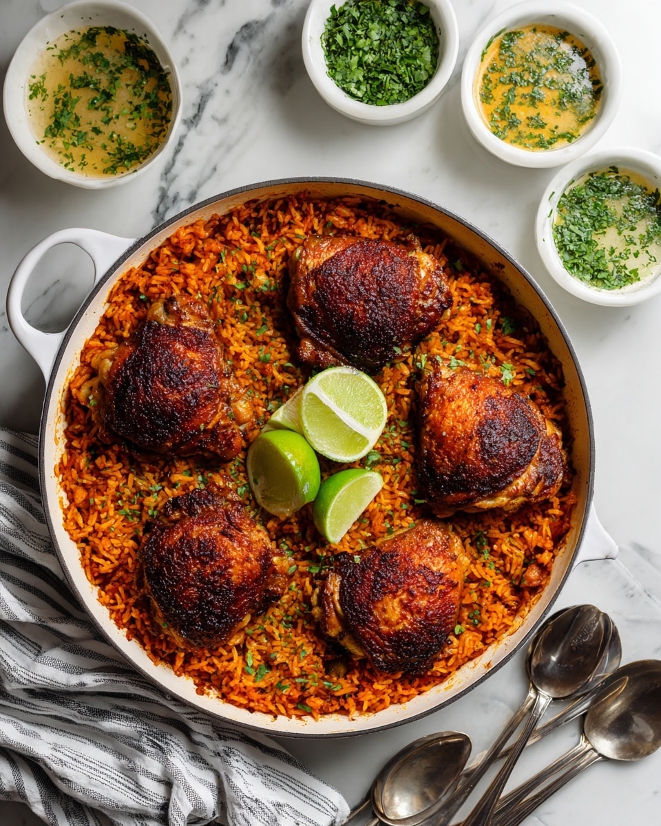 A large white pan filled with a layer of orange-red rice mixed with small pieces of vegetables and herbs, topped with six dark brown, crispy chicken thighs evenly spaced on top. On the rice near the center, there are two green lime wedges. Above the pan, there are small white bowls with green chopped herbs and light orange sauce sprinkled with green herbs. The setup is on a white marbled surface, with a striped cloth and two large silver spoons at the bottom. Photo taken with an iphone --ar 4:5 --v 7