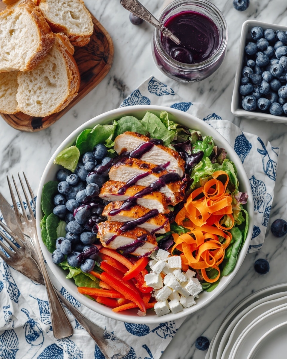 A round white bowl filled with a colorful salad, starting with a base layer of green lettuce. On top, there are slices of grilled chicken with a light brown color, covered with a dark purple sauce drizzled across. Surrounding the chicken are fresh blueberries on the left, thin orange carrot spirals, light cream crumbles, and thinly sliced red bell peppers on the right. The bowl rests on a white cloth with a blue fruit pattern, placed on a white marbled surface. Around the bowl, there is a small jar filled with more dark purple sauce, a stack of white plates with two forks on top, a white bowl holding sliced bread, a small box filled with fresh blueberries, and a spoon and fork pair arranged nearby. Photo taken with an iphone --ar 4:5 --v 7