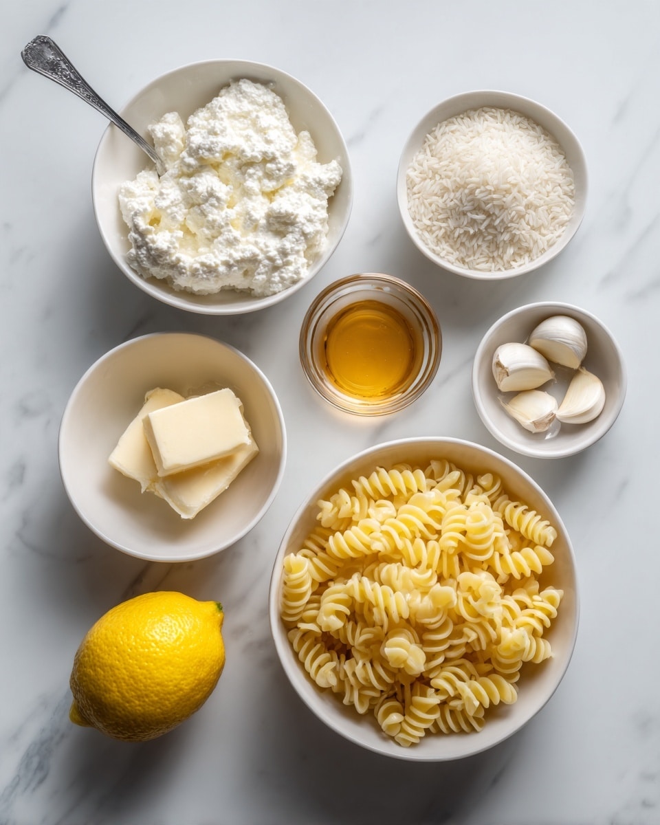 The image shows six white bowls and one whole lemon arranged on a white marbled surface. The biggest white bowl at the bottom right is filled with yellow cooked pasta in small spiral shapes. Above it to the left is a medium white bowl filled with white ricotta cheese with a spoon inside. To the upper left is a smaller white bowl filled with uncooked white rice grains. Below this is a tiny white bowl with two light yellow cubes of butter. Next to the butter is a small clear bowl with golden honey. To the right of the honey is a small white bowl with whole peeled garlic cloves that are off-white. A whole bright yellow lemon sits at the bottom left corner of the picture. The photo was taken with an iPhone --ar 4:5 --v 7