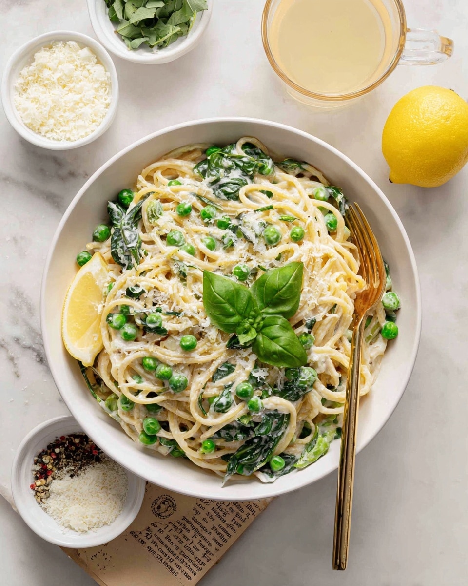 A white bowl filled with creamy spaghetti layered with green peas and spinach leaves, creamy white sauce coating the pasta strands, topped with a fresh basil leaf and a lemon wedge on the side; a gold fork is placed inside the bowl, resting on the pasta. Surrounding the bowl are small white dishes containing white cheese, grated cheese, herbs, and a half-filled cup with a light yellow liquid, all set on a white marbled surface with a vintage paper underneath. Photo taken with an iphone --ar 4:5 --v 7