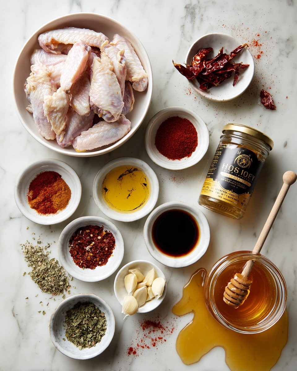 A white bowl full of raw chicken wings sits in the upper left, with several small white bowls arranged around it, each holding different ingredients: a bright red chili powder, yellow mustard, dark soy sauce, a honey jar labeled