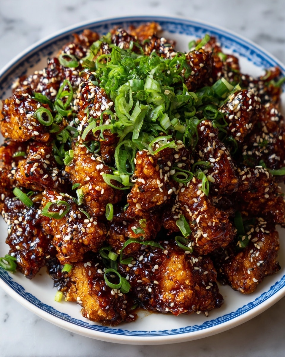 A white plate with a blue rim is filled with small pieces of crispy fried food covered in a sticky, dark brown sauce and sprinkled with white sesame seeds. On top, there is a pile of bright green chopped scallions, adding a fresh touch. The pieces look crunchy and well-coated with the sauce, with some texture showing from the frying. The plate sits on a white marbled surface. photo taken with an iphone --ar 4:5 --v 7