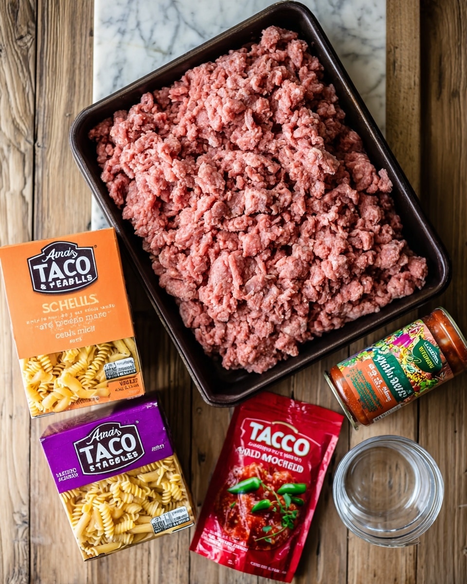 The image shows raw ground meat in a black tray placed on a wooden surface with visible grains. To the right of the meat tray, there is a can of diced tomatoes and green chilies with a colorful label. Below the meat tray, two boxes of Annie's shells and real aged cheddar pasta with bright purple and orange packaging are placed side by side. To the right of the boxes, there is a clear empty glass cup. Below the glass, there is a red packet of McCormick original taco seasoning that shows taco images on the front. The background is a white marbled texture. Photo taken with an iphone --ar 4:5 --v 7