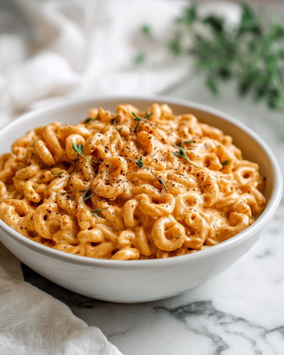 The image shows a white bowl filled with creamy pasta made of small loop-shaped noodles. The pasta is covered in a rich, light orange sauce with a smooth texture, and small green herbs are sprinkled on top for color. The bowl sits on a white marbled surface with a white cloth and green leaves blurred in the background. The pasta looks soft and well-mixed, with tiny bits of seasoning visible throughout the dish. Photo taken with an iphone --ar 4:5 --v 7