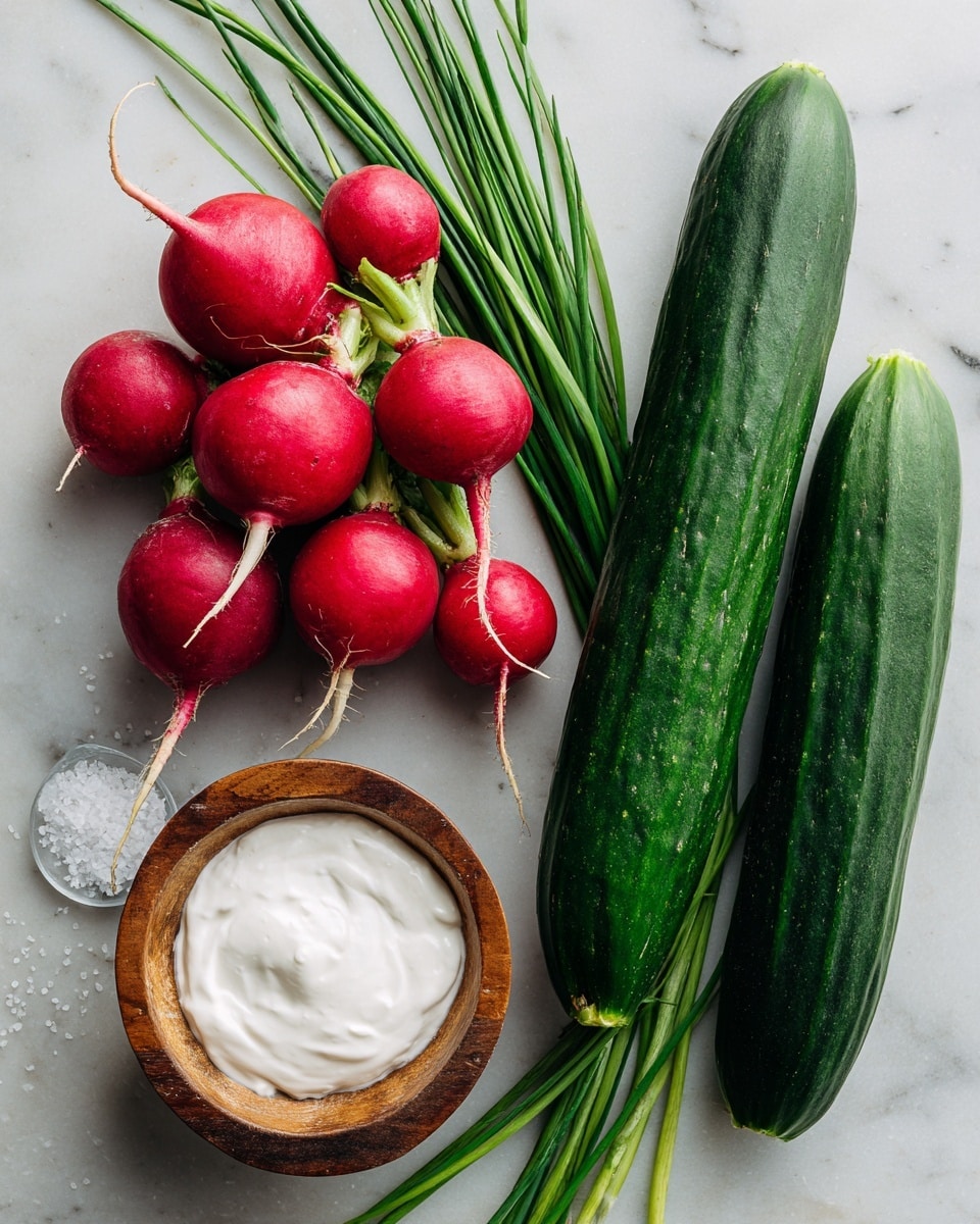 The image shows fresh radishes with bright red skin and white tips, arranged next to a long, dark green cucumber. A bunch of green chives with thin, long leaves lies beside the radishes. There is a small wooden bowl filled with white salt and a clear glass measuring cup holding thick white sour cream. All items are placed on a white marbled surface. Photo taken with an iphone --ar 4:5 --v 7