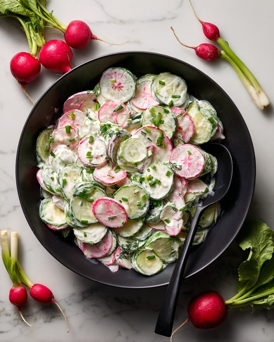 A black bowl is filled with a fresh salad made of thin, circular slices and half-moons of pale green cucumbers and pink-edged radishes mixed in a creamy white dressing with bits of green herbs scattered throughout. Bright green chopped scallions are sprinkled on top, adding color and texture. A black spoon rests in the bowl, ready to serve. Around the bowl on a white marbled surface are whole radishes with green leafy tops and white scallions with pale green ends, adding a fresh and natural look. Photo taken with an iphone --ar 4:5 --v 7