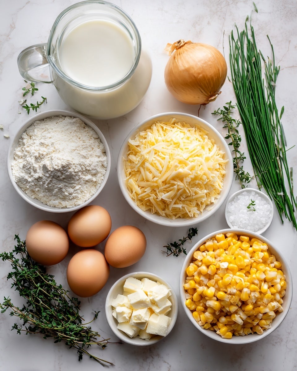 The image shows several cooking ingredients arranged neatly on a white marbled surface. From left to right, there is a clear glass jug filled with milk, a small white bowl with white flour, another white bowl filled with shredded pale yellow cheese, three brown eggs placed in a white bowl, fresh green chives and thyme sprigs, a whole yellow onion, a small white bowl filled with salt, and a larger white bowl filled with bright yellow and white corn kernels. The items are spaced evenly, creating an organized and clean look. Photo taken with an iphone --ar 4:5 --v 7