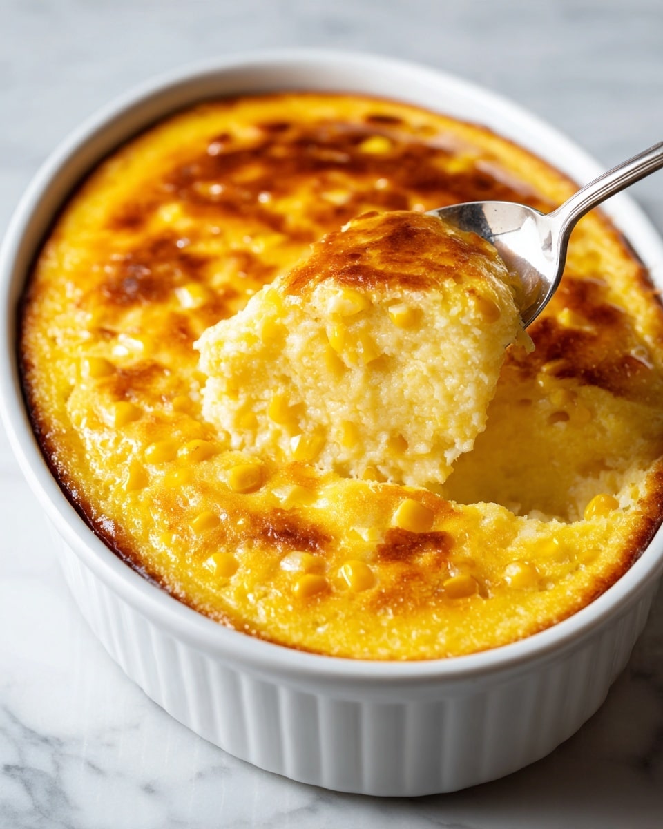 The image shows a white oval dish filled with a creamy yellow corn pudding that has a shiny smooth top with a golden brown slightly spotted crust. The pudding looks soft and moist with visible whole yellow corn kernels spread evenly throughout the thick custard layer. A silver spoon is scooping out a portion, revealing a smooth and soft texture beneath the crust. The dish is placed on a white marbled surface, and the lighting highlights the shiny, rich texture of the pudding. photo taken with an iphone --ar 4:5 --v 7