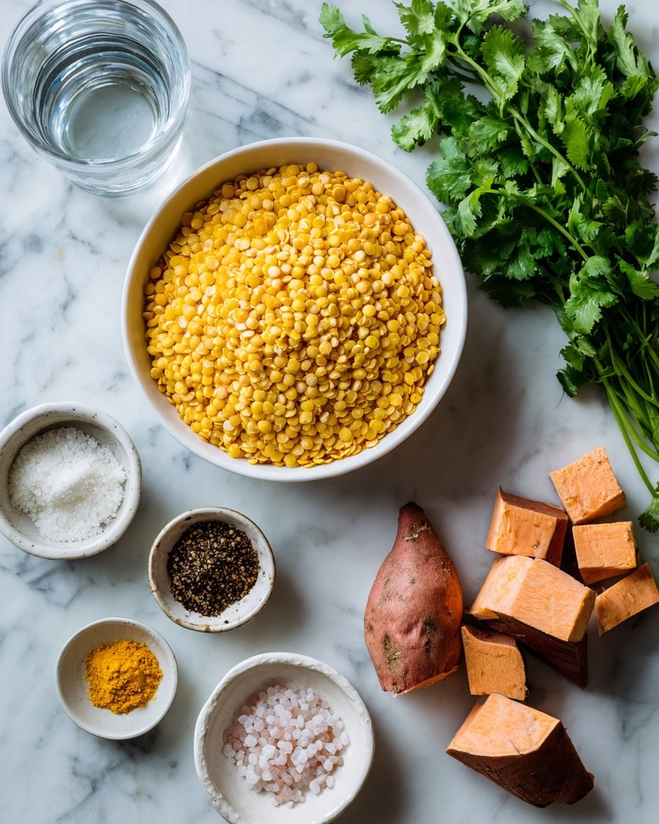 A white bowl filled with yellow lentils sits on a white marbled surface, surrounded by small white bowls holding brown sweet potatoes, a dark spice powder, yellow oil, pale pink salt, and black pepper. Fresh green chili and a bunch of green cilantro are also placed neatly on the marble surface. A clear glass of water is placed near the lentils, all items arranged in a tidy, balanced layout. Photo taken with an iphone --ar 4:5 --v 7