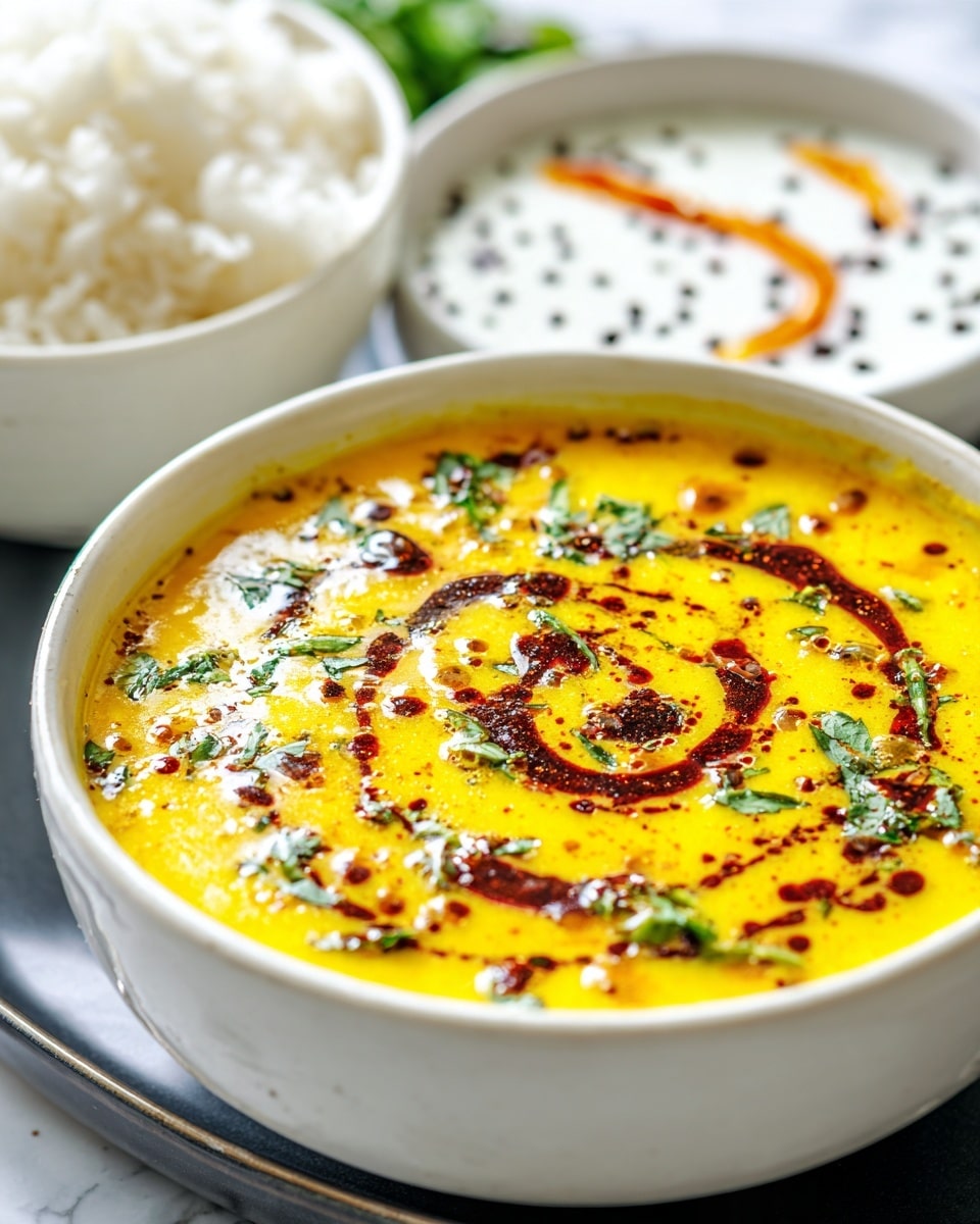 A close-up view of a white bowl filled with bright yellow soup topped with dark red sauce swirled in a spiral and garnished with green herbs. The bowl sits on a black tray with partial sides of plain white rice and a white bowl of white creamy sauce with black specks visible. The background is a white marbled surface with a slightly blurred white and orange garnish in the background. The texture of the soup looks smooth and creamy with small bubbles and herbs floating on top. Photo taken with an iphone --ar 4:5 --v 7