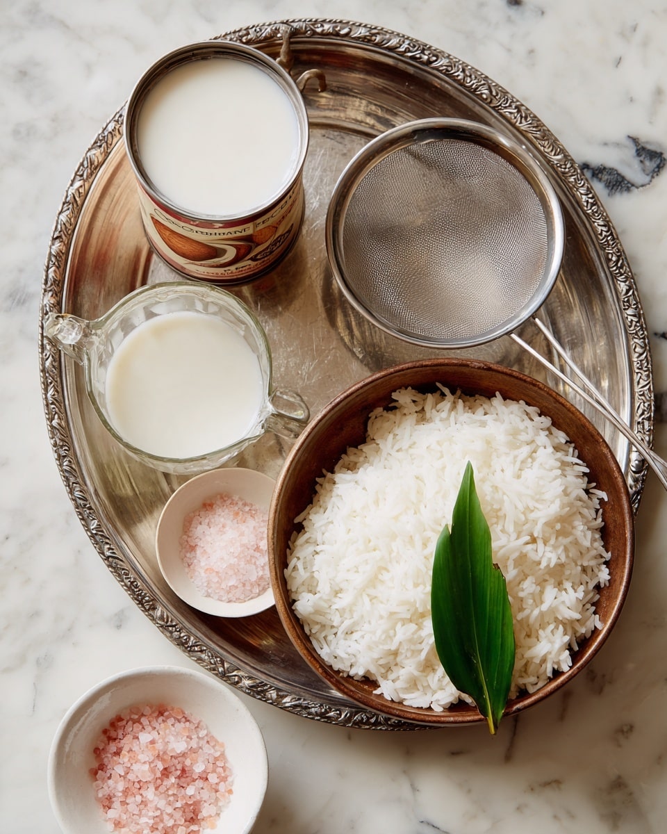 A silver tray holds a baking paper sheet, on top of which are a can of coconut milk with brown and white label showing a coconut image, a clear glass measuring cup with liquid inside, and a metal strainer resting in a metal bowl containing white rice topped with a single green leaf. Beside the bowl, there are two small white wooden bowls, one with pink salt and the other with white salt, all placed on a white marbled surface. Photo taken with an iphone --ar 4:5 --v 7