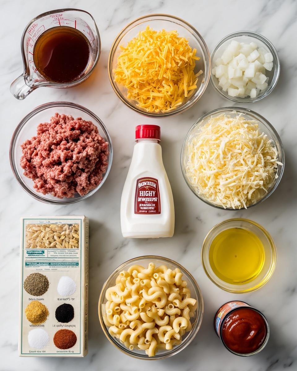 The image shows nine ingredients for cooking, arranged on a white marbled surface. At the top left, there is a clear measuring cup filled with a dark brown liquid. To its right, a clear bowl contains small white onion pieces. Below the onion, another clear bowl is filled with shredded yellow cheese, and to its left, a clear bowl holds raw ground meat with a pinkish color. Below that, a bottle of heavy whipping cream with a red and white label is placed next to a box of elbow macaroni with a green and white package showing small pasta. At the bottom left, a small clear bowl holds four different spices in separate piles of red, black, white, and light brown. Next to it, a larger clear bowl contains a light yellow oil. Finally, on the bottom right, there is a small metal can of tomato sauce with a red label. Photo taken with an iphone --ar 4:5 --v 7