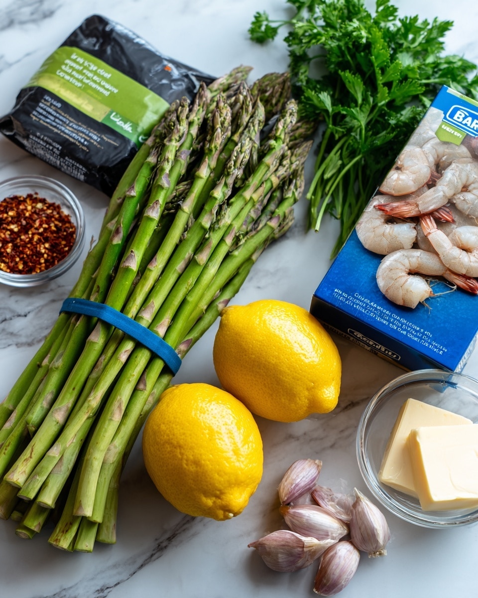 The image shows a bunch of fresh green asparagus tied with a blue rubber band on the left, next to a black and green package of wild caught pink shrimp with large shrimp pictured on it. To the right are two bright yellow lemons placed side by side, a small bunch of fresh green parsley, a small clear bowl with red chili flakes, a block of butter with a white wrapper, and four garlic cloves with purple-tinged skins. Behind all these items lies a blue box of Barilla spaghetti pasta. The background is a white marbled texture photo taken with an iphone --ar 4:5 --v 7