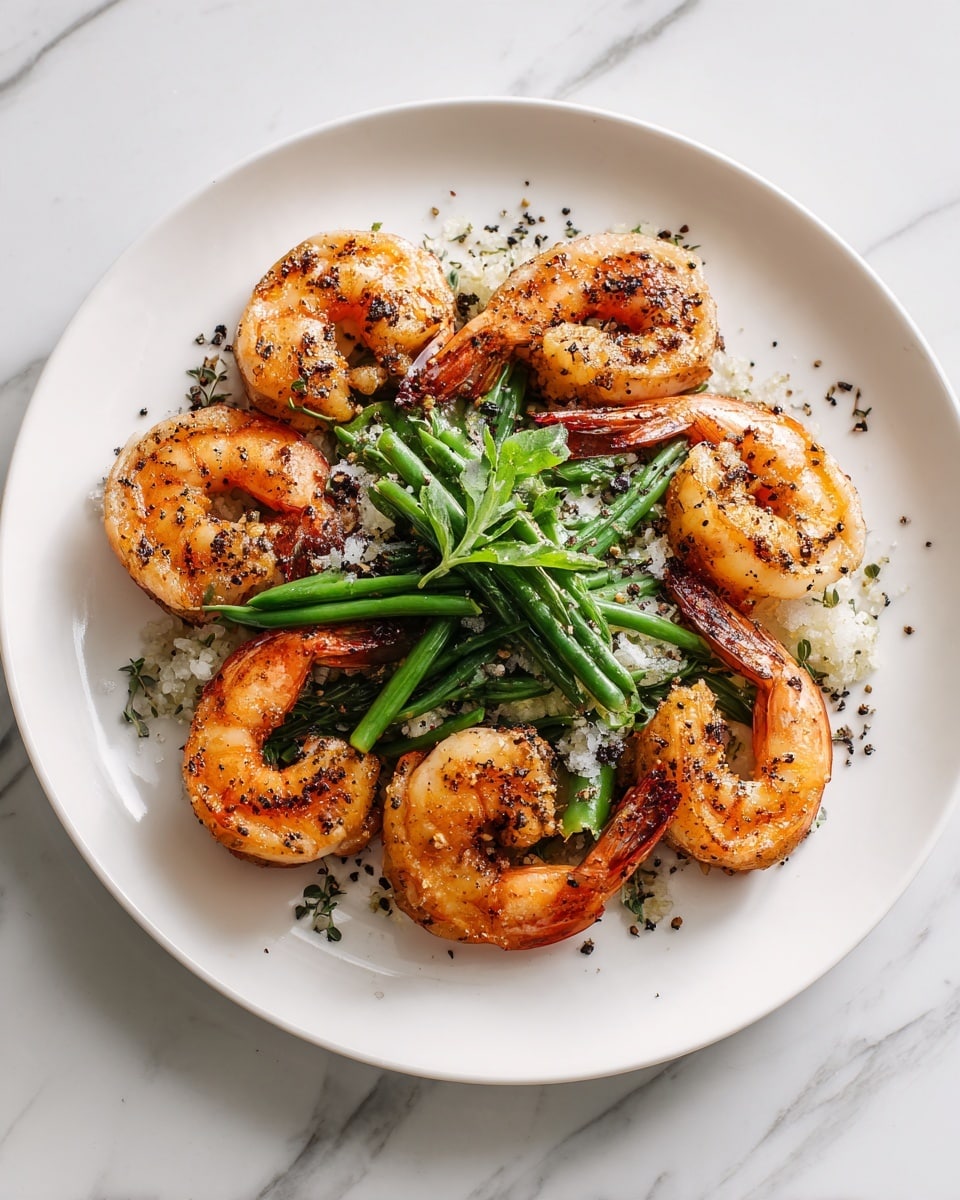A white plate on a white marbled surface holds a dish with six large shrimp arranged in a circle along the edge. The shrimp are pink-orange with a slight brown char and sprinkled with black pepper and herbs. In the center, there is a small pile of light green pasta mixed with bright green green beans, topped with a single green herb. The dish looks fresh and simple, with the shrimp forming the base layer and the pasta and green beans stacked neatly in the center. Photo taken with an iphone --ar 4:5 --v 7