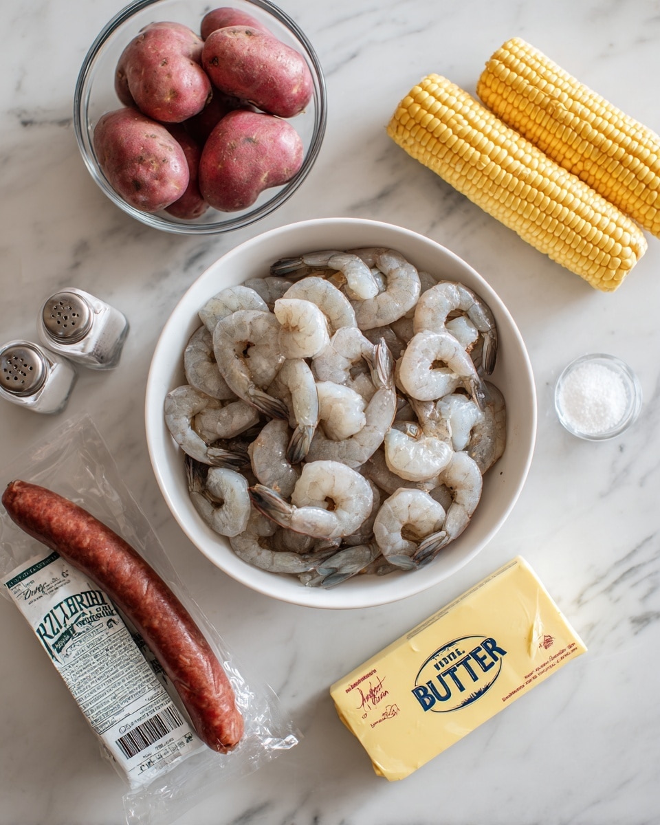 The image shows a white bowl in the center filled with raw shrimp that are light gray and slightly shiny, curled and layered on top of each other. Around the bowl, there are three yellow corn cobs stacked together at the top right. To the bottom right of the bowl, there is a package of reddish-brown smoked sausage with a bit of white fat inside it. Next to the sausage, there is a yellow stick of butter in a white wrapper labeled