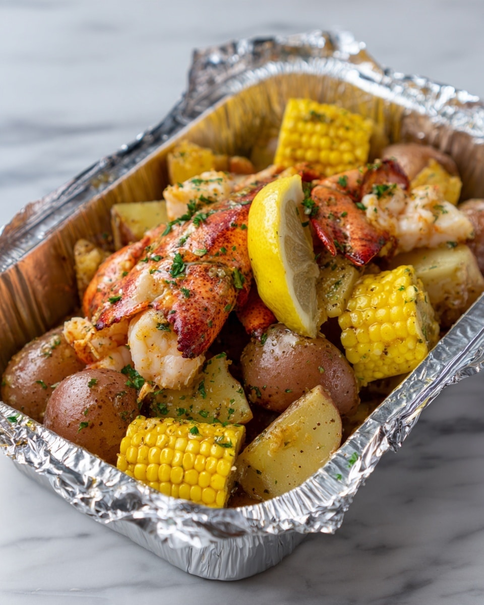The dish shows a foil-lined container filled with several layers of cooked food. The bottom layer has small round pieces of brown potatoes with specks of herbs over them. Above that, there are bright yellow corn on the cob pieces, cut into chunks, mixing with the potatoes. On top and throughout the pile, there are light pink, slightly reddish cooked shell-on lobster pieces covered with small green herbs. A yellow lemon wedge is tucked in on one side. The foil has crinkled edges and the whole food setup rests on a white marbled surface. photo taken with an iphone --ar 4:5 --v 7