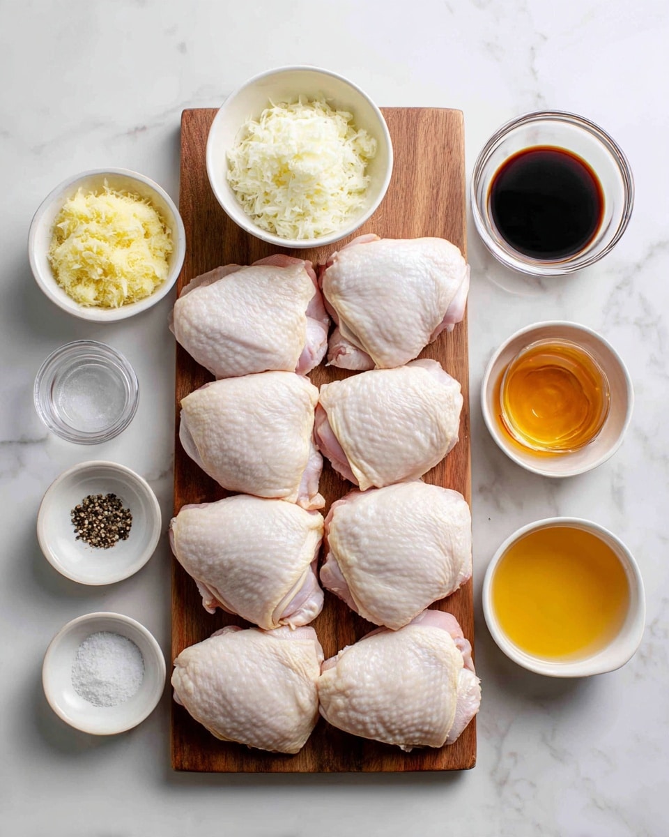 The image shows eight raw chicken thighs with white skin neatly arranged in two rows on a wooden cutting board placed on a white marbled surface. To the left of the board, there are six small bowls and containers. On the top left, there is a white bowl with pale yellow grated ginger, below it a white bowl with finely chopped white garlic. To their right, there is a small bowl filled with dark soy sauce, and below that, a bowl with light amber honey. At the bottom left, two smaller white bowls contain white salt and cracked black pepper, while a small glass container with a clear liquid is placed next to them. Everything is organized cleanly and clearly in a flat lay style. Photo taken with an iphone --ar 4:5 --v 7