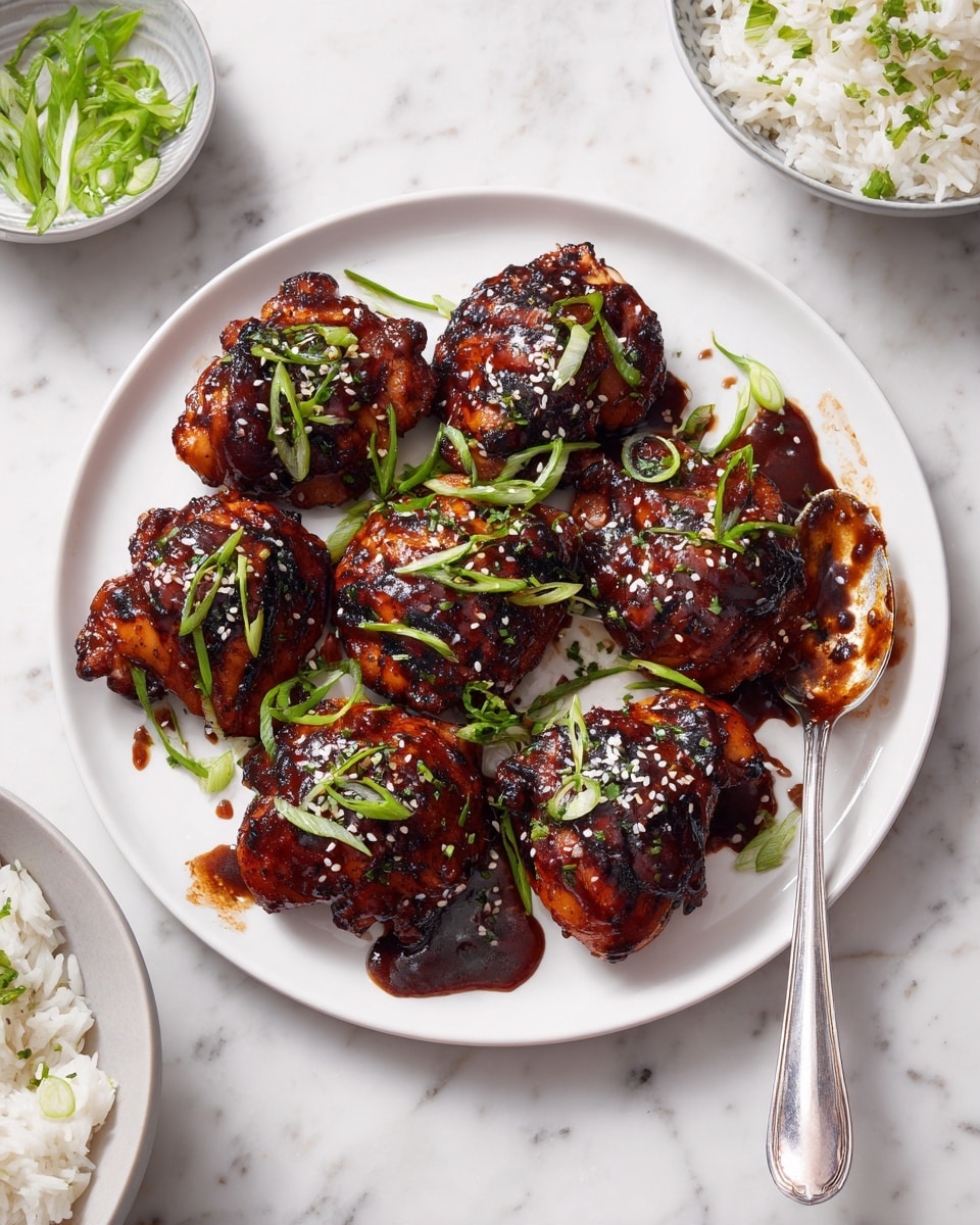 A white plate holds eight pieces of grilled chicken thighs arranged in a loose circular pattern, each piece glazed with a shiny dark brown sauce. The chicken shows some charred spots, adding a textured look. On top, thin slices of green onions and small white sesame seeds are scattered evenly, giving a fresh and crunchy detail. To the right side of the plate, a silver spoon with a bit of sauce rests. Around the plate, there are bowls with white rice and green onions visible, all set on a white marbled surface. Photo taken with an iphone --ar 4:5 --v 7