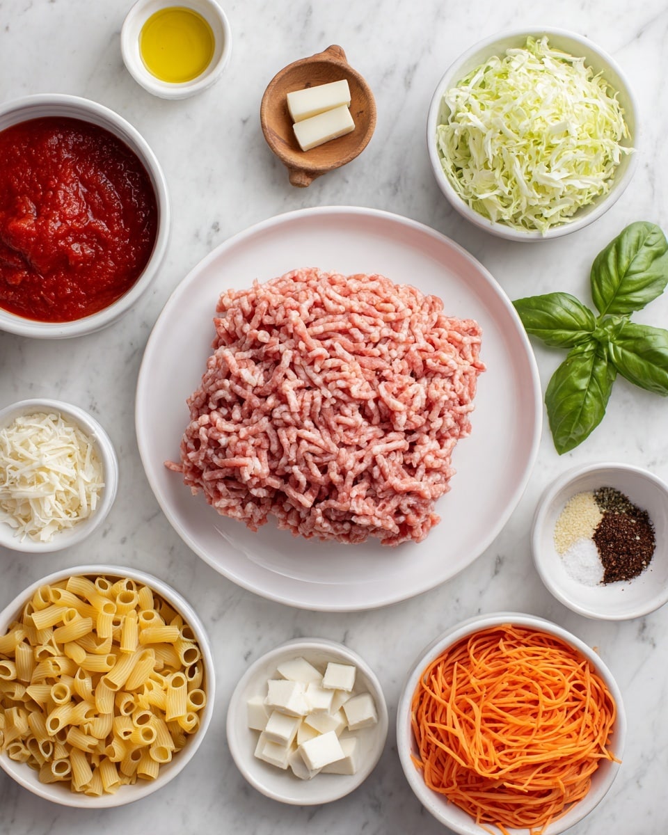 The image shows a white plate in the center with a block of raw ground meat that is light pink with a slightly rough texture, lying flat. Around the plate are several small white bowls arranged in a circle on a white marbled surface. Starting from the top, there is a bowl filled with shredded cabbage, light green and finely shredded, next to a small bowl with golden olive oil and a few shards of pale yellow cheese. Moving clockwise, there is a bowl with bright orange shredded carrots, small green basil leaves to the side, and a white bowl filled with uncooked yellow pasta shells. Near the bottom left corner, there is a bowl with thick deep red tomato sauce, quite smooth in texture, and two white cubes of cream cheese. There is also a small wooden cup, tiny chopped garlic in a white bowl, dark brown dried spices in another bowl, and some chopped white onions. The overall arrangement is neat and clean with a focus on each ingredient. Photo taken with an iphone --ar 4:5 --v 7