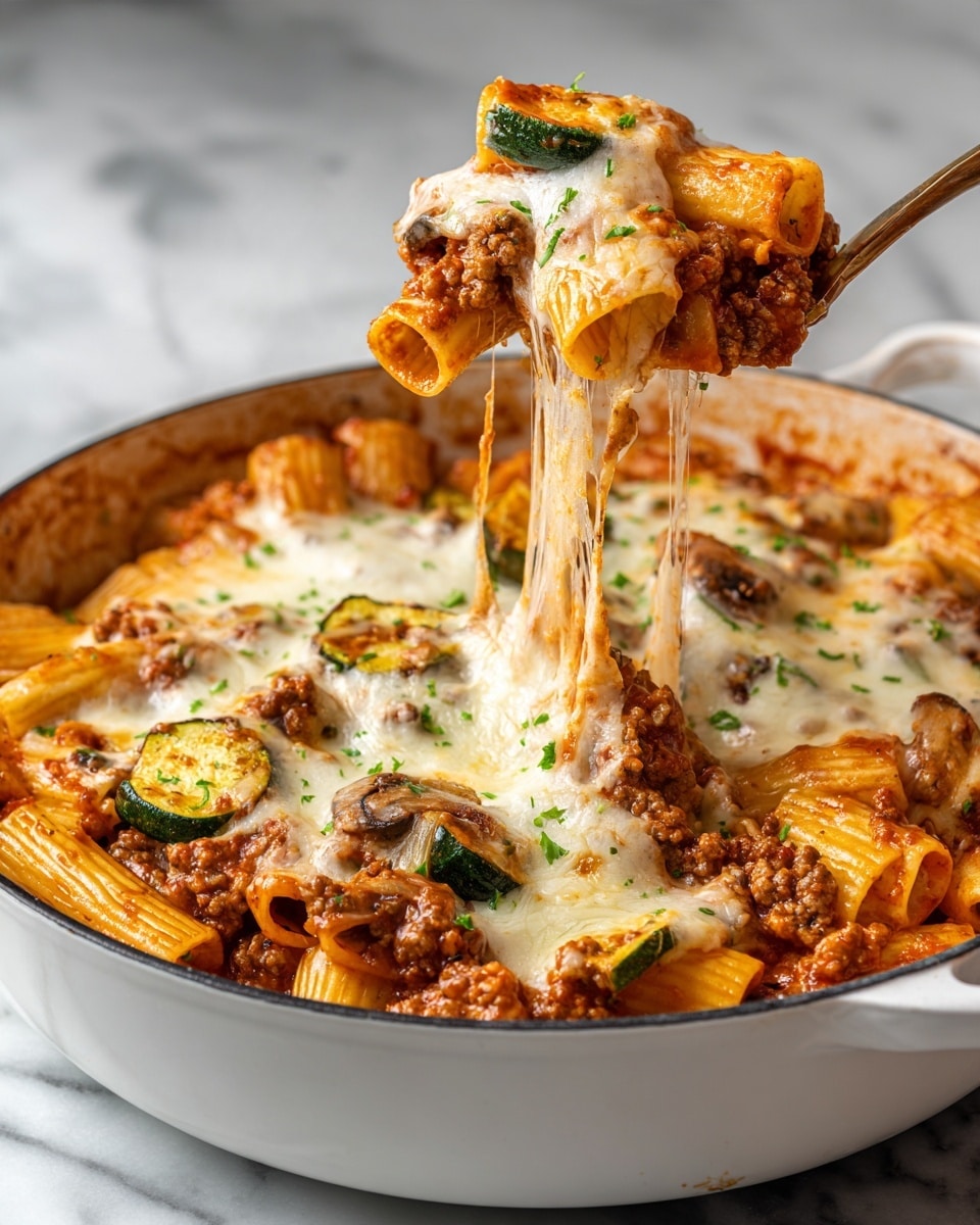 The image shows a white pan filled with cooked rigatoni pasta layered with a rich red tomato sauce mixed with ground meat and visible slices of mushrooms and zucchini. On top is a thick layer of melted, golden bubbly white cheese, scattered with small green parsley pieces for garnish. A spoon is lifting some pasta from the pan, stretching out melted cheese and showing visible layers of pasta, sauce, meat, and vegetables underneath. The pan sits on a white marbled surface. photo taken with an iphone --ar 4:5 --v 7