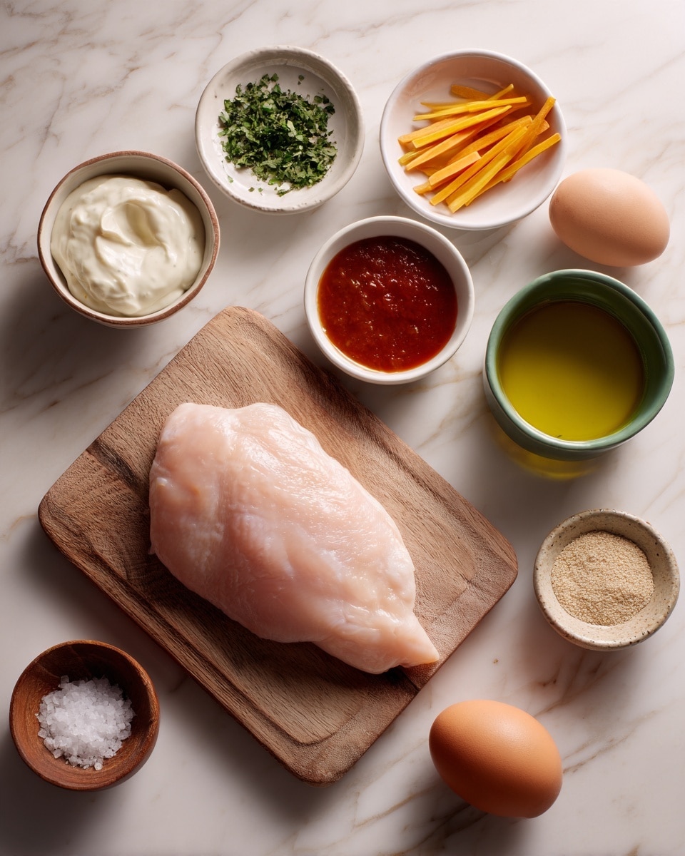 A white marbled surface holds a wooden cutting board with a raw pale pink chicken fillet on it. Surrounding the board are small white dishes: one with a creamy white sauce, another with green herbs, a bowl with thin yellow carrot sticks, a bowl of rich red sauce, and a bowl filled with light yellow oil. There is also a green bowl containing a single brown egg, a small white bowl of granulated salt, and a little wooden bowl with a beige powder, likely seasoning. photo taken with an iphone --ar 4:5 --v 7