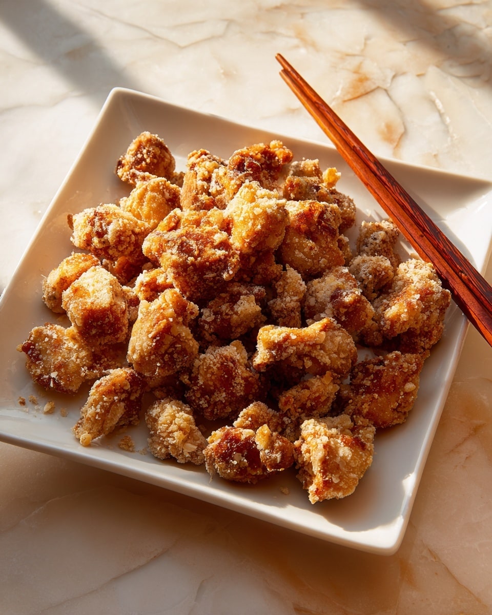 The image shows a white square plate filled with small, crispy pieces of golden-brown fried chicken piled in the center. The chicken pieces have a rough, crunchy texture, with some areas darker and caramelized. Next to the plate, there is a pair of wooden chopsticks resting on the right edge of the plate. The background is a soft white marbled surface with a warm light giving a cozy feel. Photo taken with an iphone --ar 4:5 --v 7