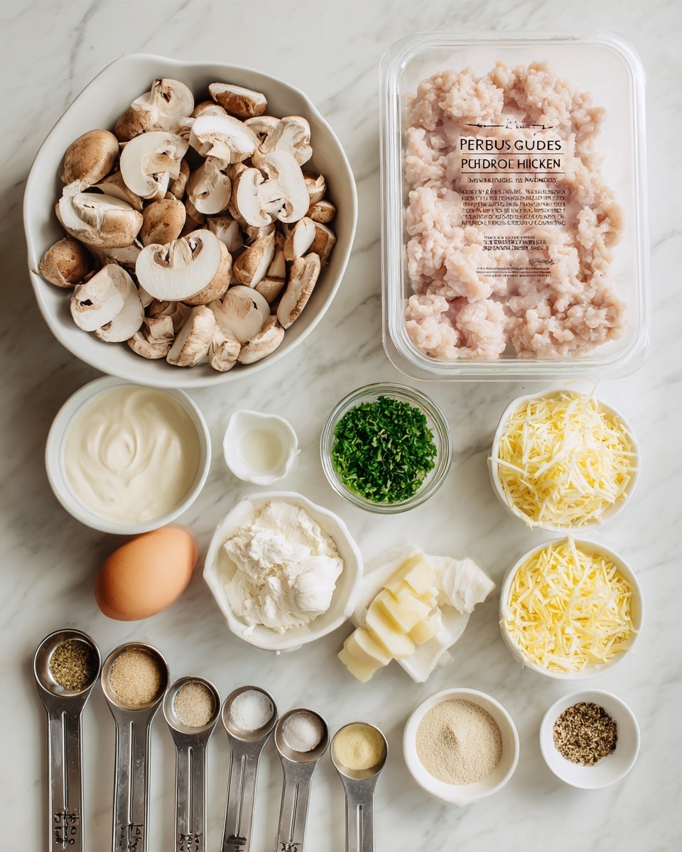 The image shows several cooking ingredients placed on a white marbled surface. In the center is a clear plastic container with light pink ground chicken, labeled
