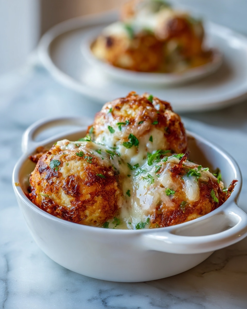 The image shows a small white oval-shaped dish with two handles, filled with three golden brown, round baked balls. The balls are topped with melted white cheese shreds and small pieces of green herbs, possibly parsley. The dish sits on a white marbled surface, and in the background, there is a blurred similar dish. The lighting is soft and natural, highlighting the crispy, textured tops of the balls. Photo taken with an iphone --ar 4:5 --v 7
