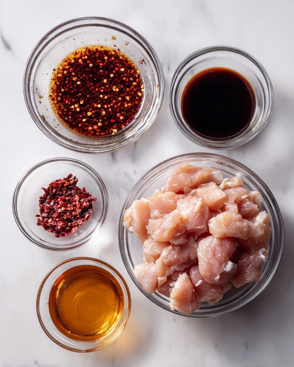 The image shows five clear glass bowls arranged on a white marbled surface. The largest bowl at the bottom right holds raw chicken pieces that are pale pink and chunky. Above it to the left, there is a medium bowl filled with a dark brown liquid with red chili flakes floating on top, giving it a speckled look. To its right is a smaller bowl with a smooth, dark soy-colored liquid. Below the bowl with chili flakes, there is another small bowl containing a golden amber liquid that looks thick and shiny. Above the dark soy liquid bowl, there is a tiny bowl holding dry red chili flakes scattered inside. All bowls are simple and clear, and the lighting is bright with soft shadows. Photo taken with an iphone --ar 4:5 --v 7