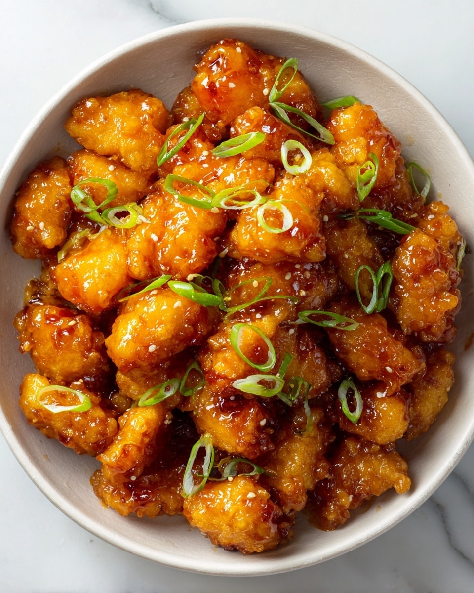 In a white bowl on a white marbled surface, there is a pile of bite-sized fried pieces covered in a shiny, sticky orange sauce. The pieces look crispy with a smooth glaze, and thin slices of light green scallions are scattered over the top. The bowl is filled nearly to the edge with these glossy, orange-coated chunks, giving a fresh look with the green and orange colors together. photo taken with an iphone --ar 4:5 --v 7