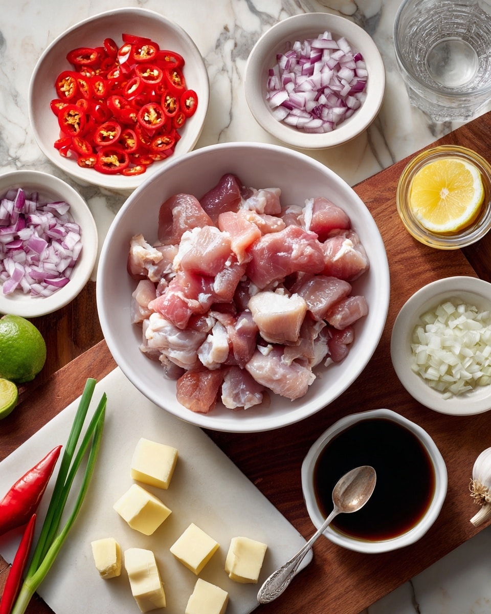 The image shows a wooden table with various ingredients arranged neatly. In the center, there is a white bowl filled with chunks of raw chicken. Surrounding it are several small white bowls and plates; one contains sliced red chili peppers, another has chopped red onion, one holds diced tomatoes, and another has cubes of butter on a white cutting board. There is also a small white bowl with a dark soy sauce and a spoon inside. Additional items include a cracked lemon half, a peeled clove of garlic, a small dish of mustard, a glass of water, a red chili pepper, a green onion, and a lime placed on the table. The background has been changed to a white marbled texture. photo taken with an iphone --ar 4:5 --v 7
