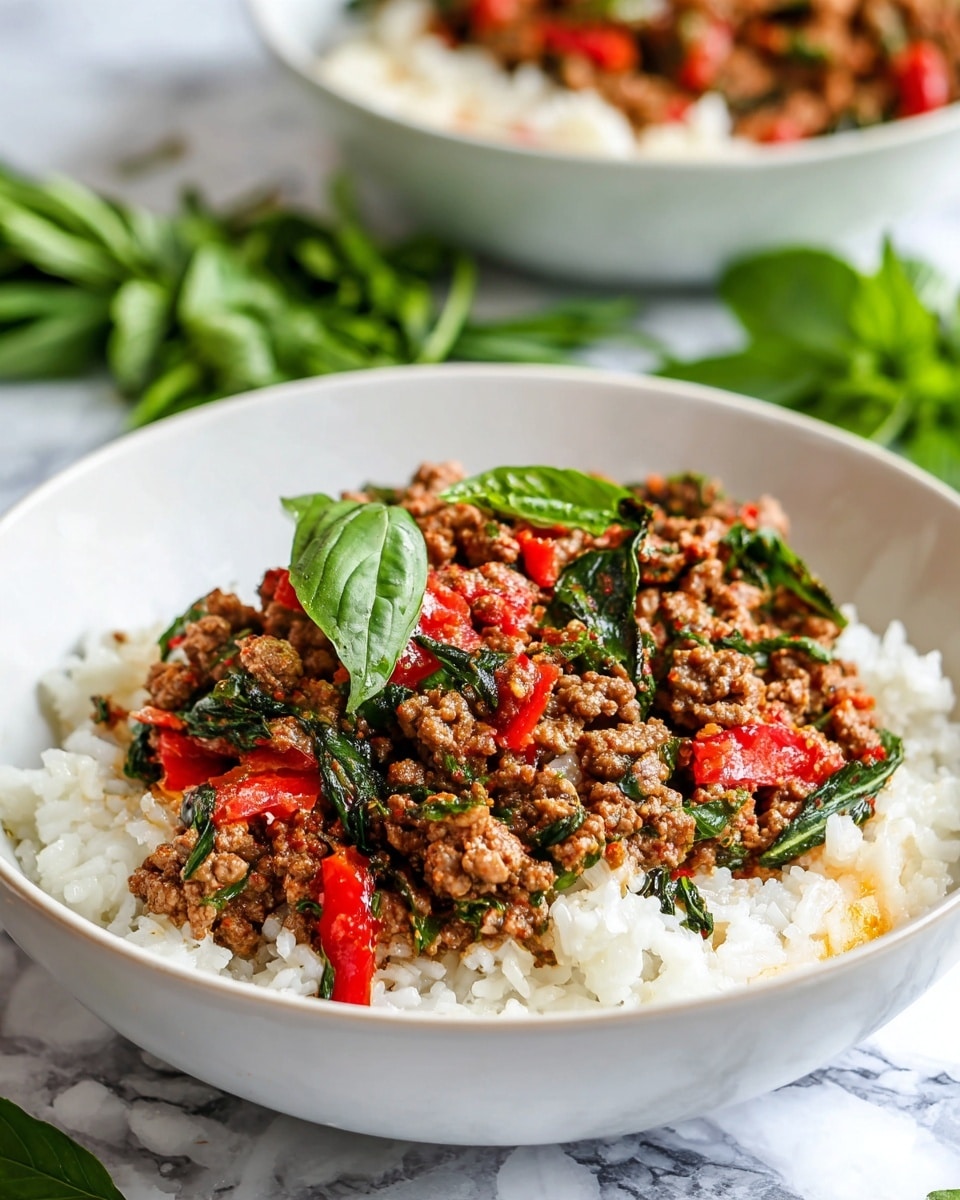 A white bowl filled with two layers: the bottom layer is white cooked rice with visible grains, and the top layer is a mix of ground meat cooked with pieces of red bell pepper and dark green basil leaves. The meat looks moist and slightly crumbly, and the red bell pepper pieces are chunky and vibrant. The basil leaves are wilted and glossy, scattered across the dish. The bowl sits on a white marbled surface with a blurred second bowl of the same dish in the background, along with fresh green herbs nearby. Photo taken with an iphone --ar 4:5 --v 7