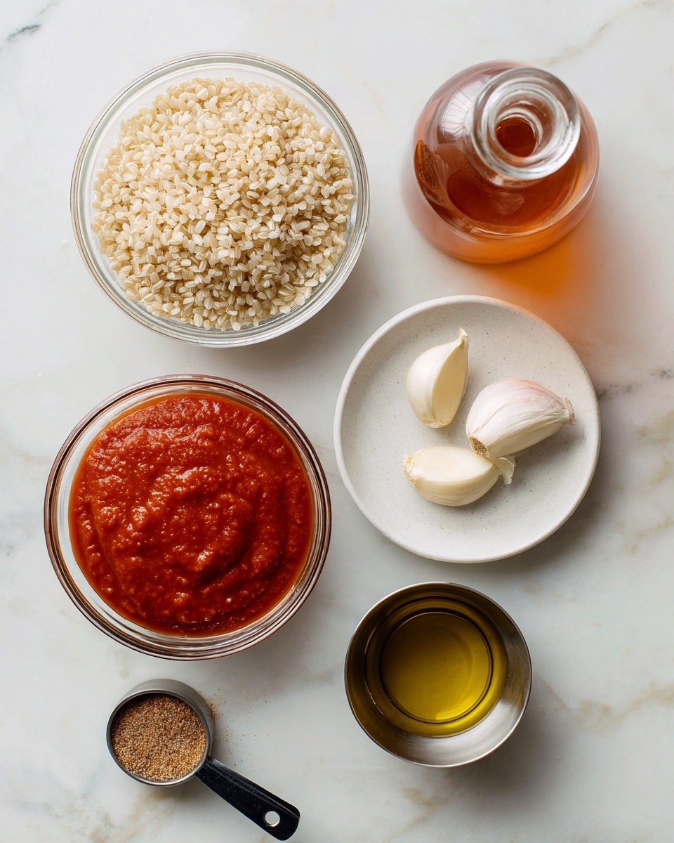 A top-down view of six separate ingredients placed on a white marbled surface, including a clear glass bowl filled with uncooked brown rice positioned at the top left, a clear glass bowl with a smooth, rich red tomato sauce at the bottom center, a small white plate holding two whole peeled garlic cloves at the top right, a small stainless steel cup filled with golden olive oil situated just below the brown rice, a small black measuring spoon containing a brown powder spice to the left of the tomato sauce, and a clear glass bottle filled with amber-colored liquid located above the garlic plate, all arranged neatly with space between them photo taken with an iphone --ar 4:5 --v 7