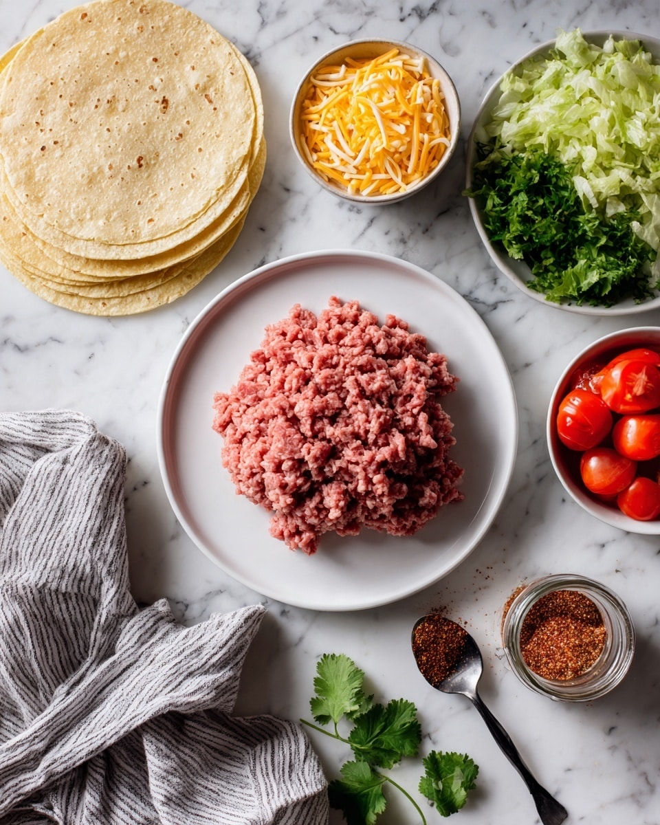 A white plate in the center holds a mound of raw, pink ground meat with a coarse texture. Surrounding the plate are several small white bowls: one filled with shredded yellow and white cheese, another with bright green leafy cilantro, a third with chopped light green lettuce, and a fourth with halved red cherry tomatoes. To the right, a small jar holds reddish-brown seasoning powder with a black spoon resting inside. On the left side of the scene, a stack of pale yellow corn tortillas is placed on a white marbled surface, which covers the entire background. A gray and white striped cloth is draped casually near the upper part of the image. Photo taken with an iphone --ar 4:5 --v 7