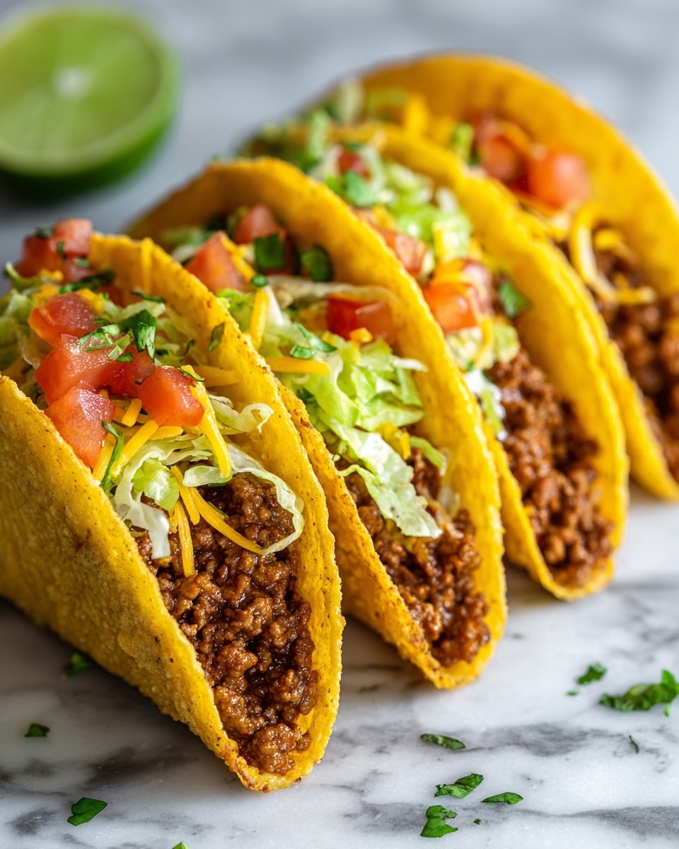 The image shows a close-up of four crispy yellow taco shells standing upright on a white marbled surface. Each taco has a layer of browned ground meat mixed with melted melted cheese, with bits of chopped green herbs sprinkled on top. Behind them, a taco is filled with shredded light green lettuce, diced bright red tomatoes, and chopped green herbs. To the left, a wedge of lime with pale green flesh is partially visible. photo taken with an iphone --ar 4:5 --v 7