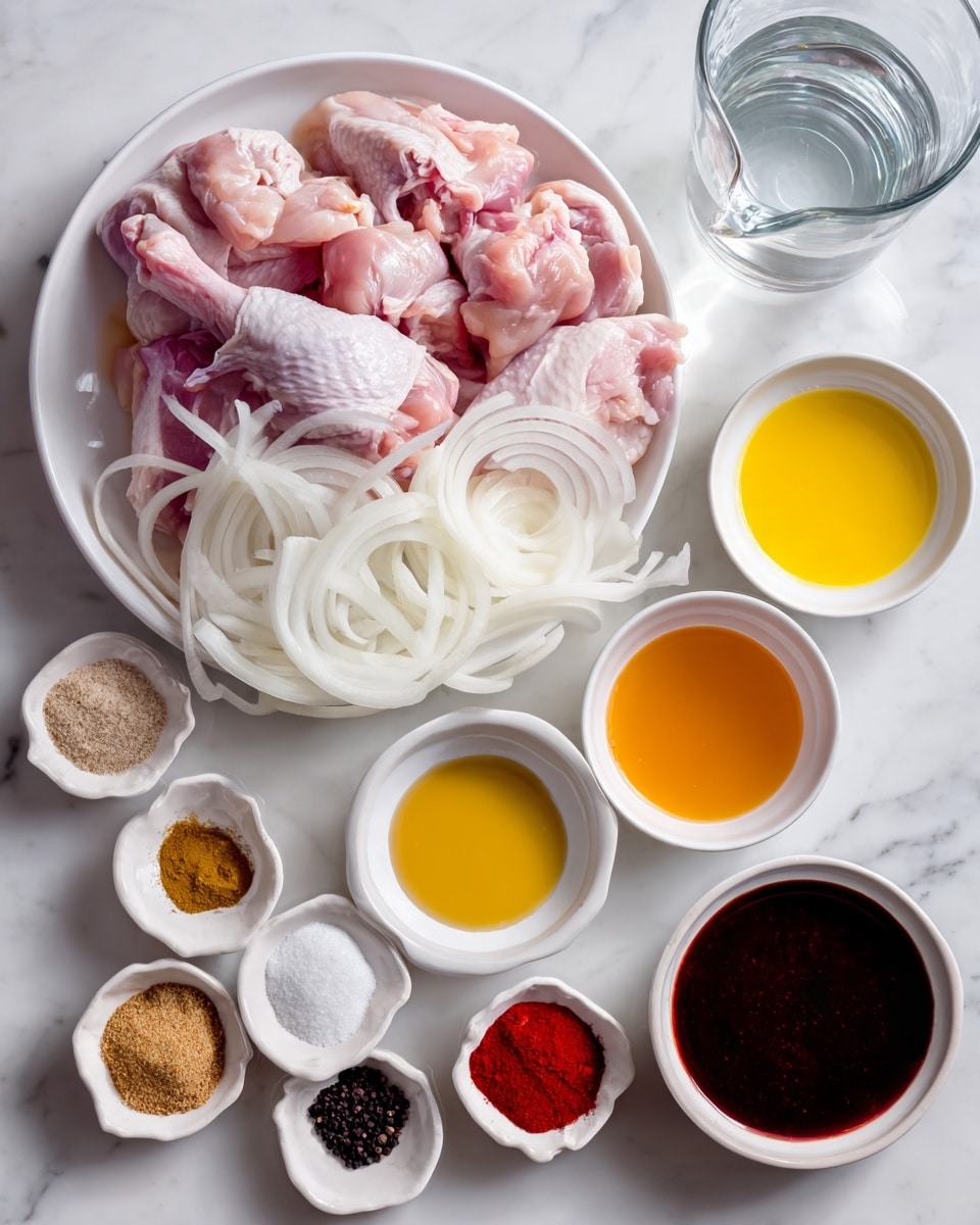 The image shows a white plate filled with five raw, pale pink chicken pieces with some fat and skin visible. Next to it, there is a white bowl full of thinly sliced, translucent white onions. Surrounding these main bowls are six small white bowls with different ingredients: a yellow mustard sauce, a dark soy-like sauce, light brown sugar, a mix of colorful spices including red, white, black, and green, an orange liquid sauce, and a thick dark red paste. There is also a clear glass jug filled with water. All items are placed on a white marbled surface. Photo taken with an iphone --ar 4:5 --v 7