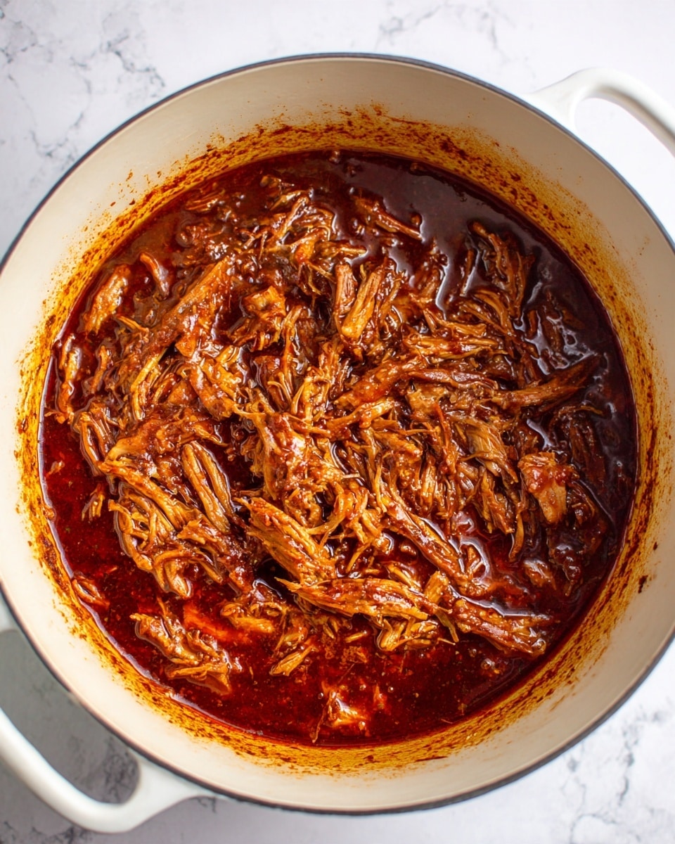 The image shows a large white pot filled with shredded dark brown meat cooked in a rich sauce. The texture looks moist and tender, with visible strands of meat mixed evenly with the thick, glossy sauce. The inside edges of the pot are stained with sauce, giving a sense of freshly stirred cooking. The pot sits on a white marbled surface, highlighting the deep color of the dish. Photo taken with an iphone --ar 4:5 --v 7
