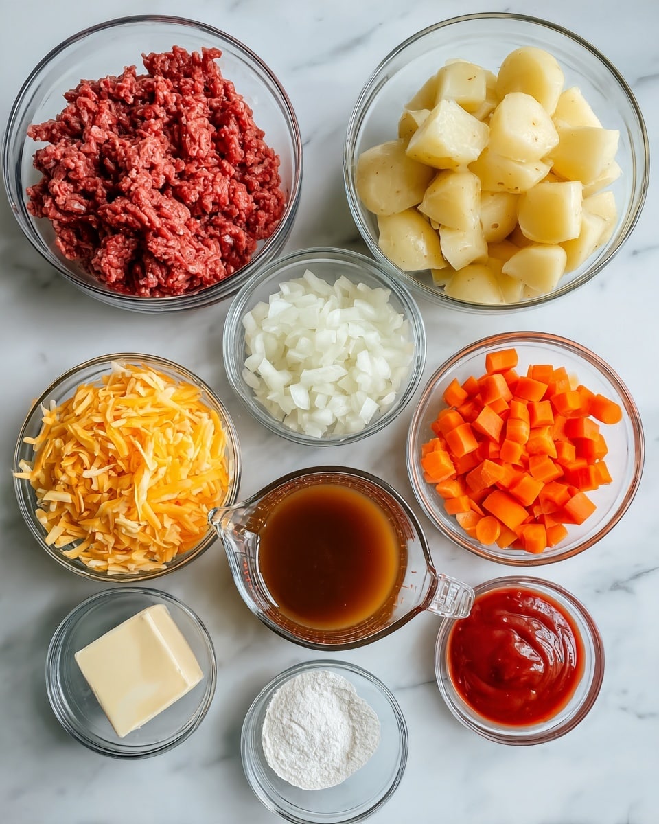A top view of several clear glass bowls arranged on a white marbled surface, each holding different ingredients: one large bowl on the right filled with peeled and chopped light yellow potatoes, a medium bowl at the top right with bright orange carrot chunks, a medium bowl at the top left holding finely chopped white onions, a medium bowl at the top left filled with raw ground beef that is red and slightly textured, another medium bowl at the bottom left filled with shredded bright orange cheddar cheese, and in the center, a small clear glass measuring cup with brown broth. Below the broth are three small bowls with a square piece of pale butter, a small amount of white flour, and some bright red ketchup. Photo taken with an iphone --ar 4:5 --v 7