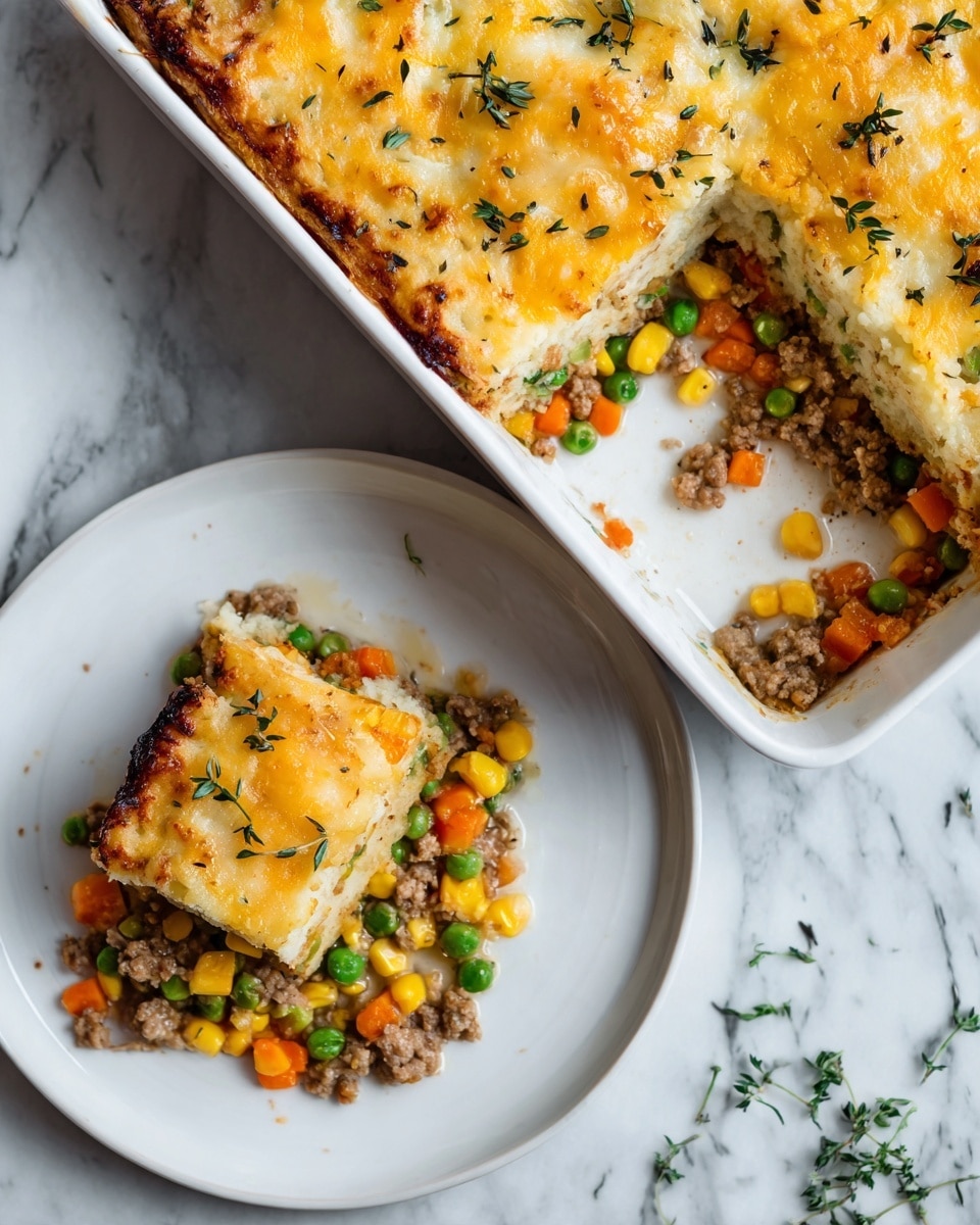 A three-layer casserole in a white rectangular dish with a missing piece showing inside layers: the bottom has cooked ground meat mixed with bright yellow corn, orange carrot cubes, and green peas in a brown sauce, the middle is a lighter creamy layer, and the top is a golden melted cheese crust sprinkled with small green herb leaves. A white plate on the left holds a square piece of the casserole with the same layers visible and herbs on top, all placed on a white marbled surface. Photo taken with an iphone --ar 4:5 --v 7