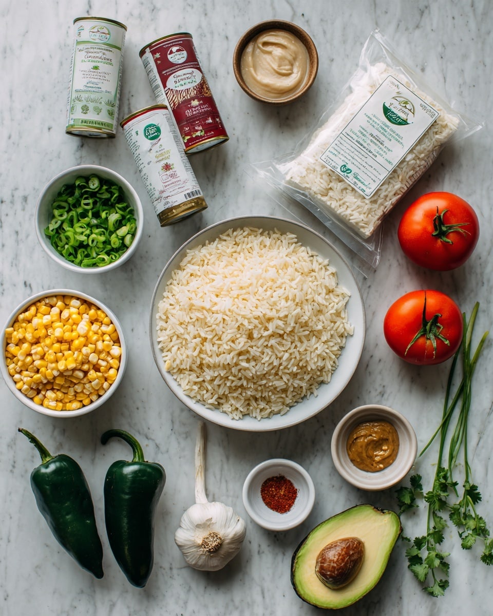 The image shows a neatly arranged set of ingredients on a white marbled surface. In the center, there is a white bowl filled with light brown cooked rice, surrounded by colorful elements; a white bowl of yellow corn kernels below it, a white bowl with chopped green onions on the left, and a small white bowl with a reddish-brown powder to the right. Near the top of the frame, two cans—one with white and green label and the other with red and white—are positioned side by side. To the right of the cans, there is a package of tofu with clear wrapping and green labeling, resting near two dark green poblano peppers. At the bottom, there is a halved avocado showing its green flesh and brown pit, a small white bowl of what looks like nut butter or sauce, a peeled clove of garlic, a fresh red tomato, and some sprigs of fresh herbs. A woman's hand is touching one poblano pepper on the right side. Photo taken with an iphone --ar 4:5 --v 7