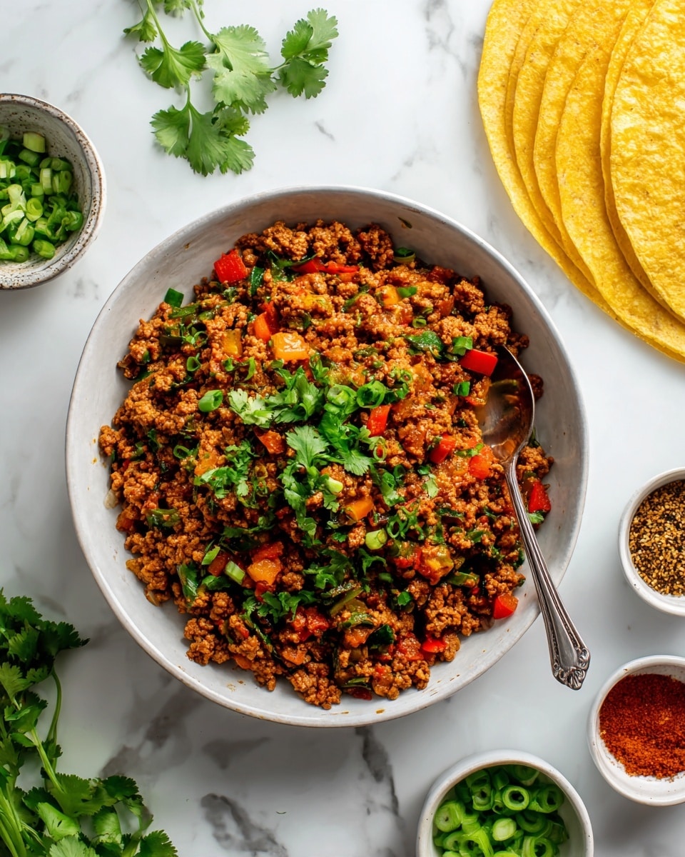 The image shows a white bowl filled with cooked ground meat mixed with small pieces of red and green vegetables, topped with fresh green cilantro leaves. A silver spoon rests inside the bowl on the right side. Around the bowl, there are small bowls of green onions and spices, folded yellow tortillas, and fresh cilantro sprigs placed on a white marbled surface. A woman's hand holds a yellow tortilla at the top right corner. The colors in the dish include brown from the meat, green from the cilantro and vegetables, and red from the small vegetable pieces. Photo taken with an iphone --ar 4:5 --v 7