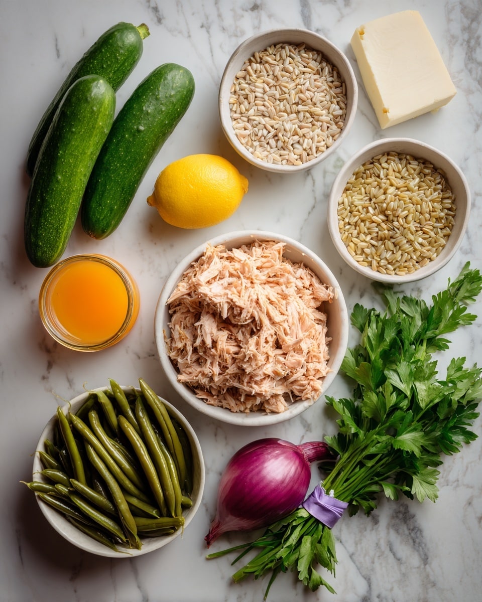 The image shows ingredients arranged on a white marbled surface, including a white bowl filled with a light pink shredded meat in the center, a white bowl with light brown grains to the top right, and a white bowl with green beans to the bottom left. There are two long green cucumbers on the left side, a block of white cheese near the top center, a whole yellow lemon near the grains, and a small white bowl with orange liquid next to the shredded meat. A small glass jar with a similar orange liquid is near the lemon. On the bottom right, there is a bunch of green parsley tied with a purple band and a red onion next to it. Photo taken with an iphone --ar 4:5 --v 7