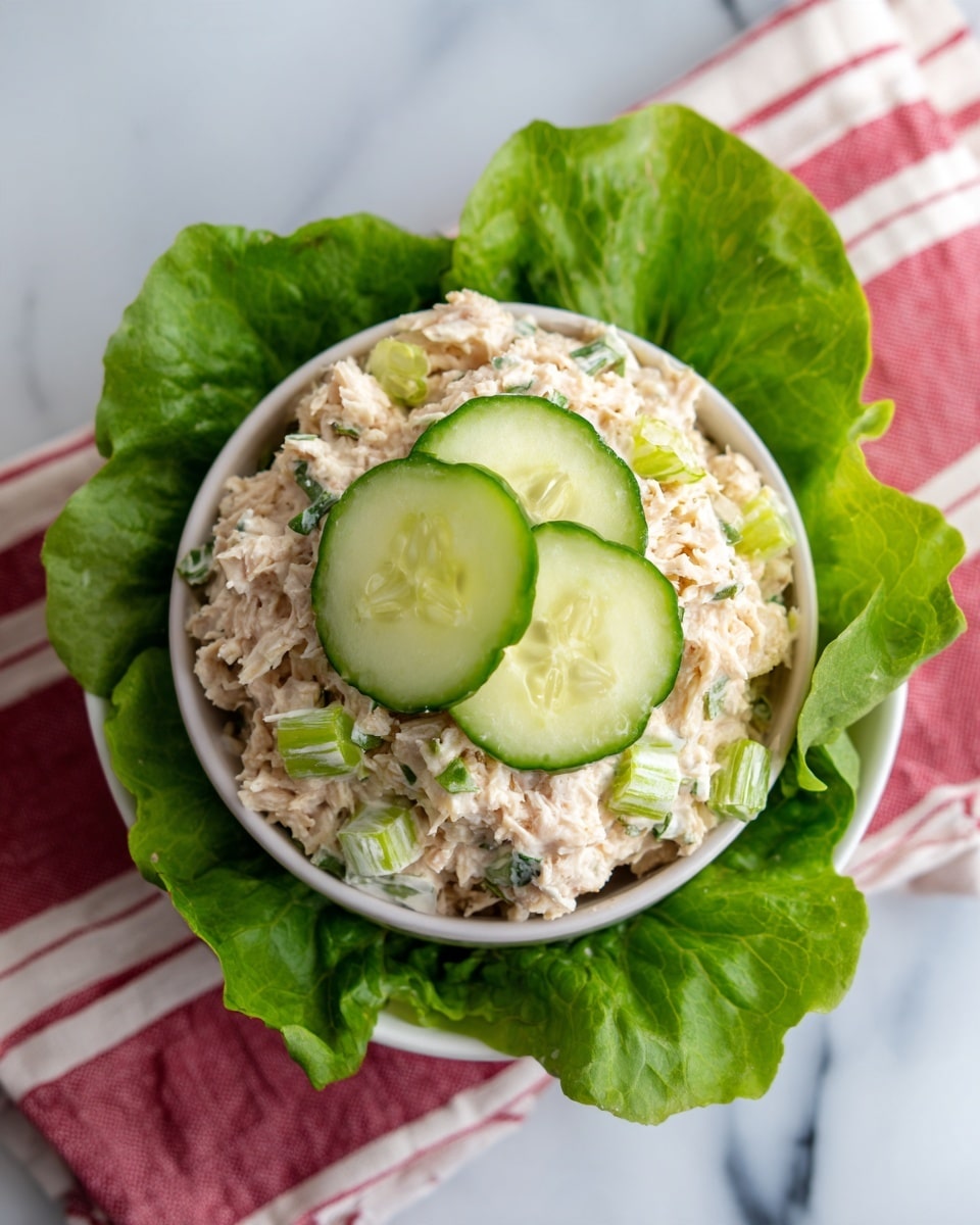 A white bowl filled with a two-layer tuna salad mixture placed on a white marbled surface with a red and white striped cloth underneath, layers include shredded light brown tuna mixed with creamy light beige dressing and chopped pale green celery pieces, topped with three thick slices of dark green cucumber arranged in the center, fresh bright green lettuce leaves are placed beneath the bowl as decoration photo taken with an iphone --ar 4:5 --v 7