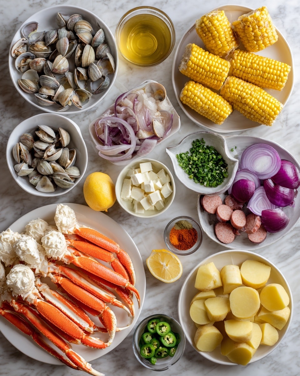 A variety of fresh ingredients are laid out on a white marbled surface, each in separate white bowls or plates. There are bright orange and white crab legs on a white plate in the bottom left, and next to them a bowl holds whole clams with grayish shells. To the right, a bowl contains peeled shrimp with gray and white tones. Above the shrimp, there is a white plate with cut yellow corn on the cob pieces. Purple-red onions are quartered and placed on another white plate on the upper right. Sliced yellow potatoes fill a bowl near the bottom right, alongside a bowl of sliced sausage with reddish and pink colors. A few sliced green jalapeños and a halved garlic bulb add green and white contrast in small white bowls nearby. Additional small bowls hold chopped green herbs, cubed pale yellow butter, red chili powder, and mixed spices. Whole yellow lemons and lemon halves are also present. Measuring cups with clear liquids, including water and oil, complete the collection of ingredients. photo taken with an iphone --ar 4:5 --v 7
