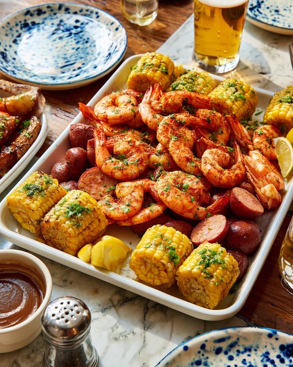 A large white rectangular tray filled with several layers of food: the bottom layer has red potatoes and sliced sausages with a reddish-brown color, the middle layer shows bright yellow corn on the cob pieces with a slightly grilled texture, and the top layer displays many pinkish-orange cooked shrimp, some curled and some straight, all sprinkled with green parsley leaves and small lemon wedges. The tray is placed on a wooden table with a white marbled texture, next to a white bowl with brown dipping sauce and blue and white splattered plates, along with a glass of beer and salt and pepper shakers. Photo taken with an iphone --ar 4:5 --v 7